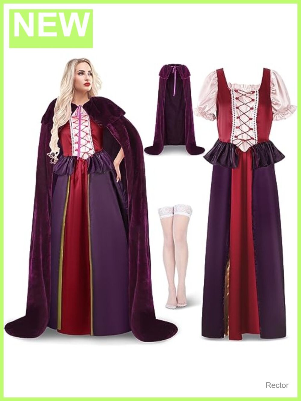Witch Costume Set Satin Dress Velvet Robe Stockings
